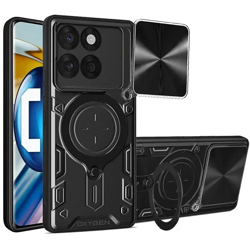 Na obrazie widoczne jest czarne etui na telefon z napisem \'OXYGEN\', posiadające okrągły uchwyt i wycięcia na aparat. Obok etui znajduje się telefon z kolorowym ekranem oraz dodatkowa osłona ekranu.