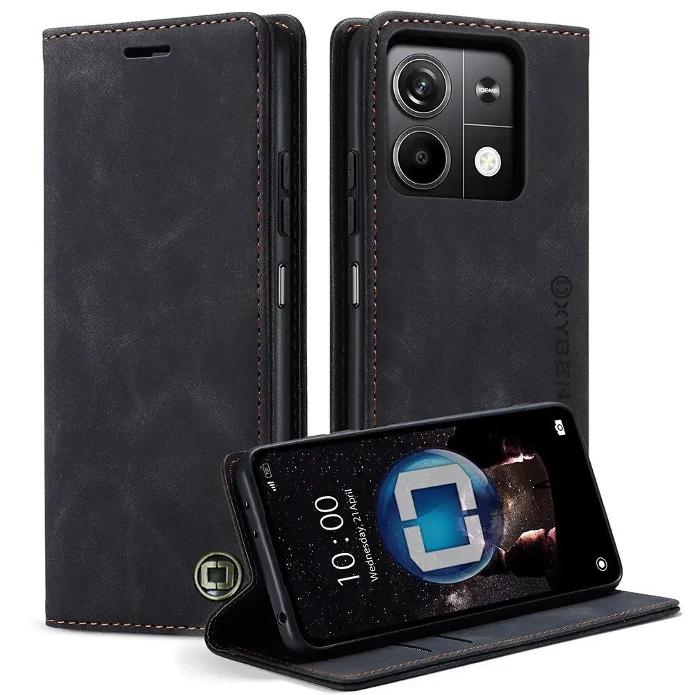 Na obrazie widoczne jest czarne etui na telefon z logo \'OXYGEN\', które ma funkcję stojaka. Telefon w etui wyświetla godzinę 10:00 i datę \'Wednesday, 12 April\'.