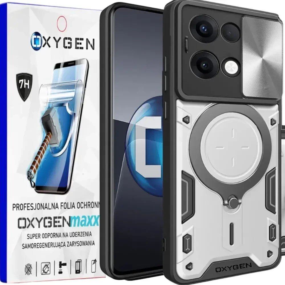 Na obrazie widoczne jest etui na telefon z napisem \'OXYGEN\' oraz opakowanie z tekstem \'PROFESJONALNA FOLIA OCHRONNA OXYGENmaxx SUPER ODPORNA NA UDERZENIA SAMOREGENERUJĄCA ZARYSOWANIA\'.