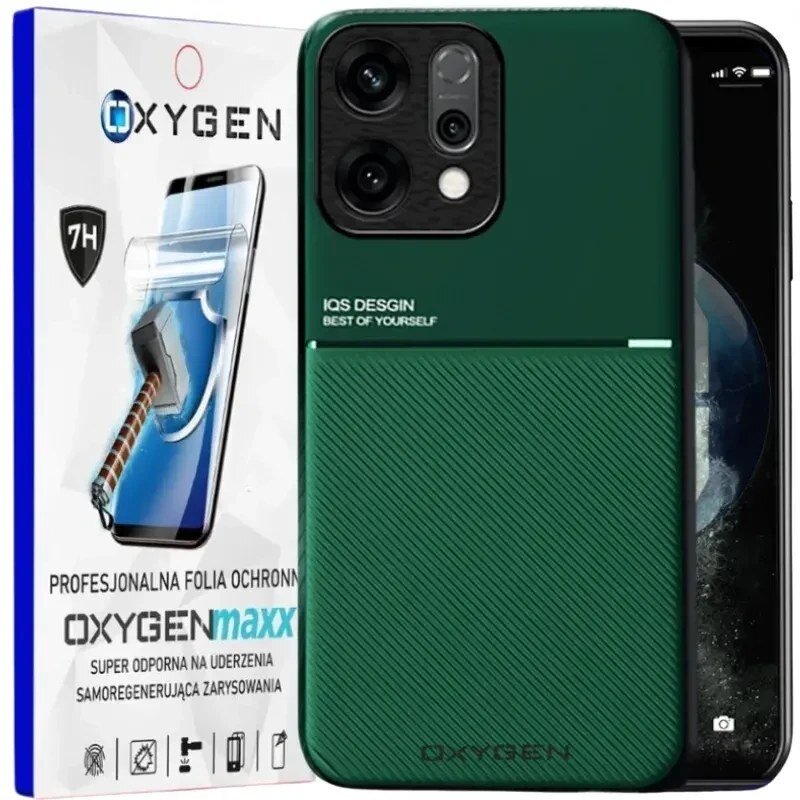 Na obrazie widoczne jest zielone etui na telefon z napisem \'IQS DESIGN BEST OF YOURSELF\' oraz opakowanie z napisem \'OXYGENmaxx PROFESJONALNA FOLIA OCHRONNA\'.