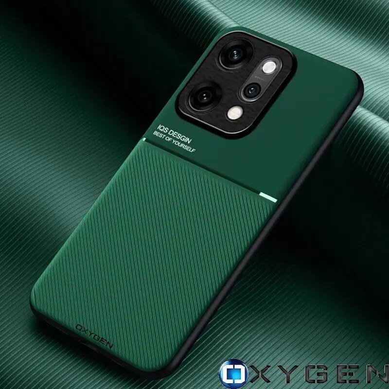 Zielone etui na telefon z teksturą, z wycięciem na aparat i napisem \'IQS DESIGN BEST OF YOURSELF\'. Na dole widoczne jest logo \'OXYGEN\'.