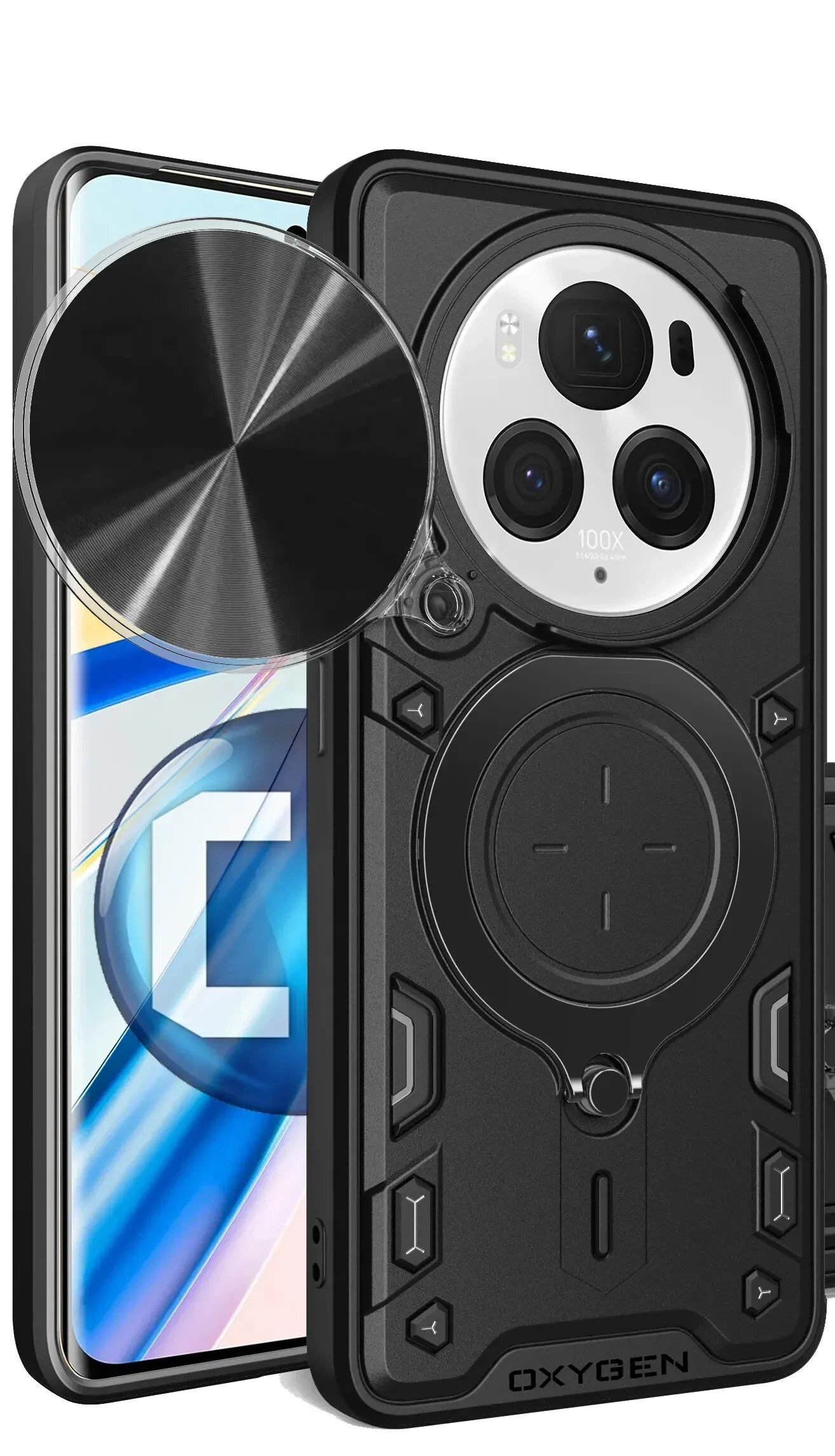 Czarne etui na telefon z wyraźnym logo \'OXYGEN\' i okrągłym wycięciem na aparat. Obok widoczny jest telefon z kolorowym ekranem.