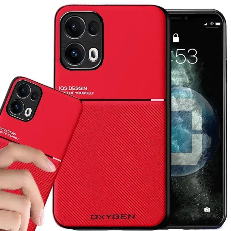 Czerwone etui na telefon z napisem \'IQS DESIGN\' oraz \'OXYGEN\' na dole. Obok widoczny jest telefon z wyświetlaczem pokazującym godzinę 9:53.