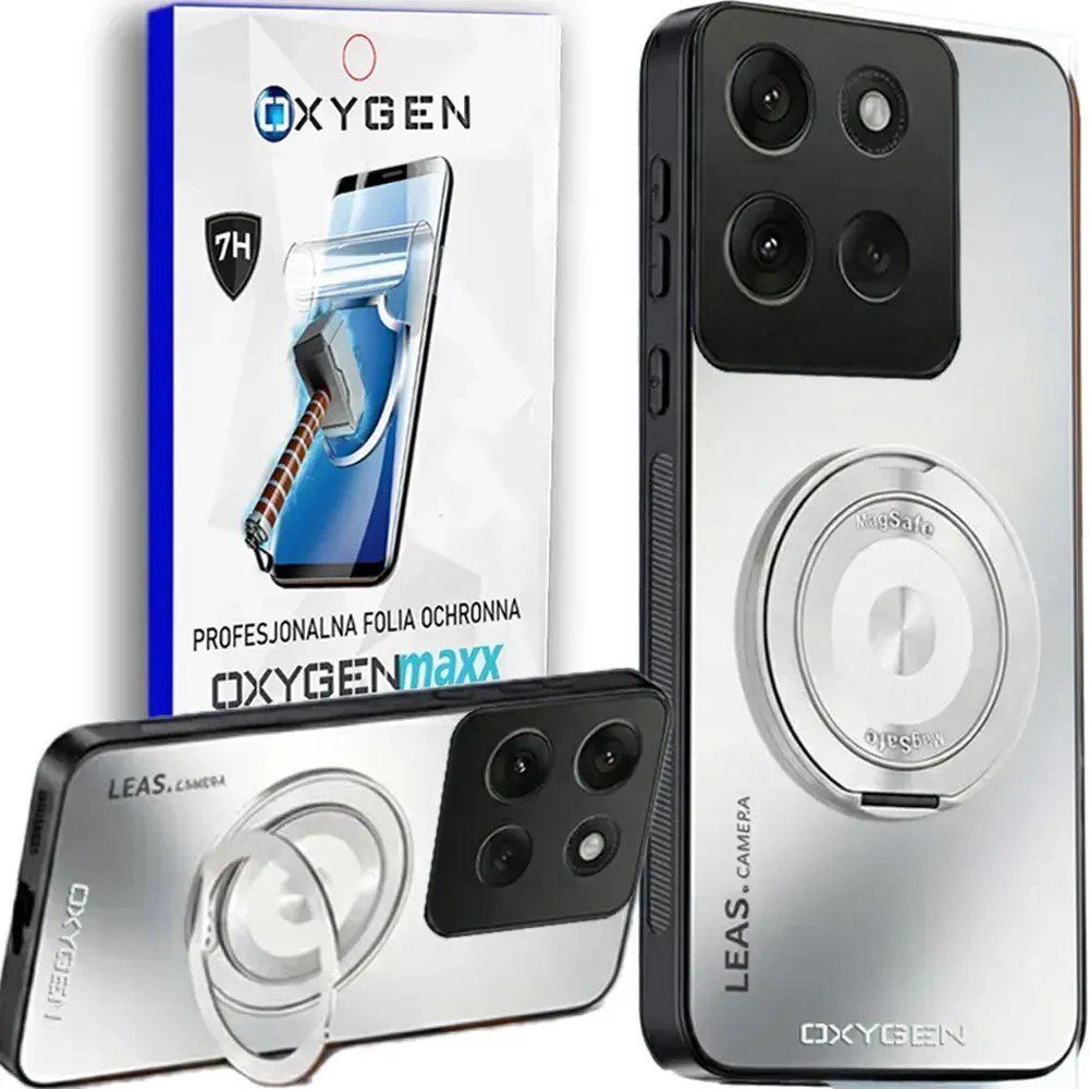 Na obrazie widoczne jest etui na telefon z okrągłym uchwytem oraz opakowanie z napisem \'OXYGENmaxx\' i grafiką młotka uderzającego w ekran. Na etui znajdują się napisy \'LEAS. CAMERA\' i \'OXYGEN\'.