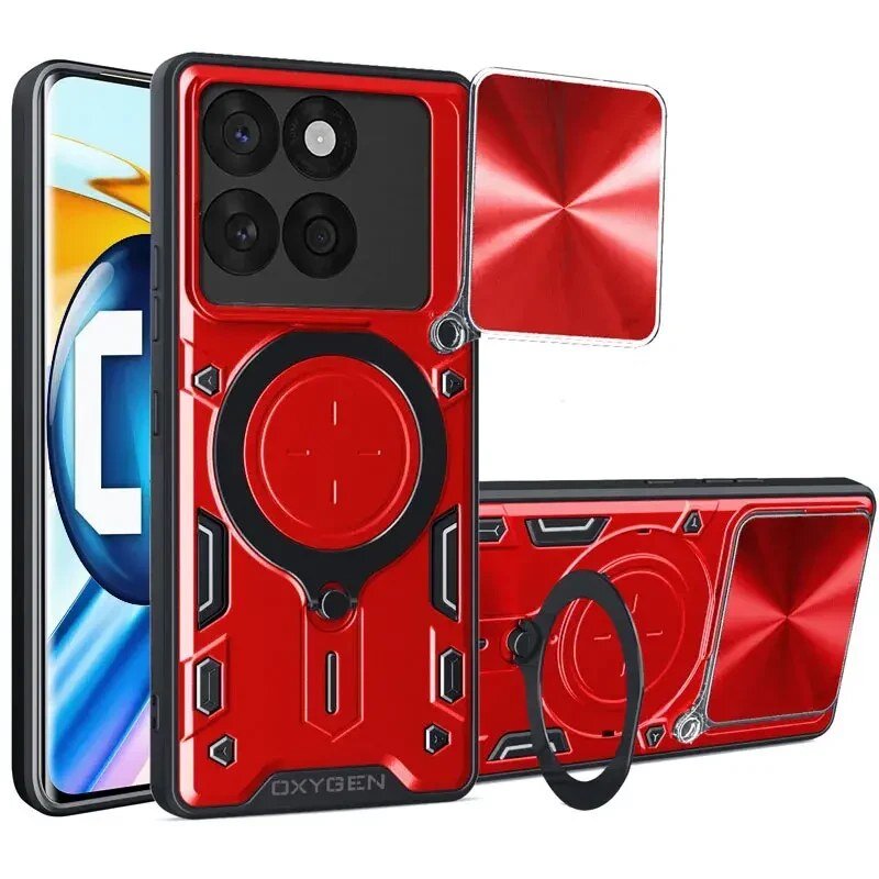 Czerwone etui na telefon z okrągłym uchwytem i miejscem na aparat, z napisem \'OXYGEN\' na dole. Obok widoczny jest telefon z kolorowym ekranem.