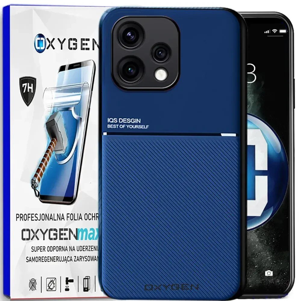 Na obrazie widoczne jest niebieskie etui na telefon z trzema otworami na aparat oraz opakowanie z napisem \'OXYGENmax\' i grafiką młotka uderzającego w ekran. Na etui znajduje się napis \'IQS DESIGN BEST OF YOURSELF\'.