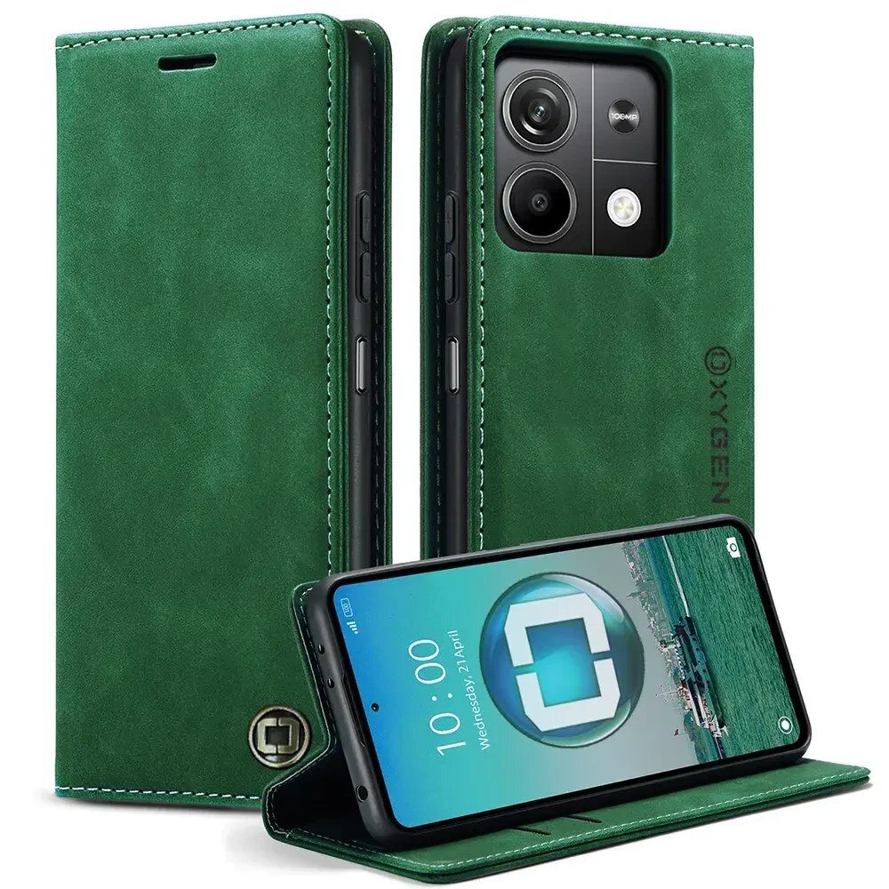 Zielone etui na telefon z napisem \'OXYGEN\', przeznaczone do modelu Redmi Note 13 Pro 4G, z funkcją stojaka. Na ekranie telefonu widoczna jest godzina 10:00 i data \'Wendnesday, 21 April\'.
