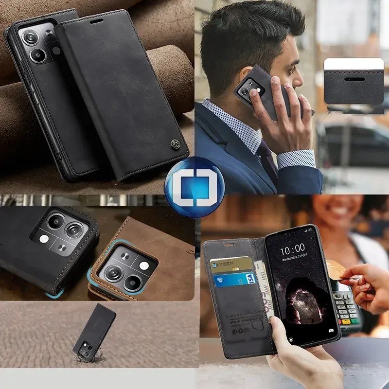 Na obrazie widoczne jest czarne etui na telefon z klapką, które posiada miejsce na karty. W tle widać osobę rozmawiającą przez telefon z założonym etui oraz zbliżenie na aparat telefonu w etui.