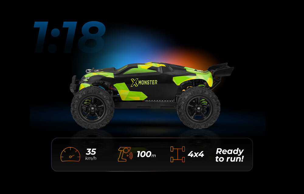 Samochód zdalnie sterowany OVERMAX X-Monster 3.0 Czarno-zielony samochód RC typu monster truck, widziany z boku na ciemnym tle. Nad nim duży napis 1:18, a pod spodem paski z ikonami: prędkościomierzem (35 km/h), sygnałem radiowym (100m) i schematem napędu 4x4 z napisem Ready to run!