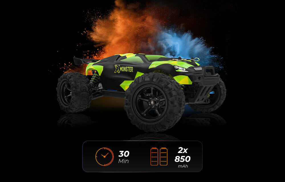 Samochód zdalnie sterowany OVERMAX X-Monster 3.0 Czarno-zielony samochód RC typu monster truck, widziany lekko z ukosa z przodu na czarnym tle z unoszącymi się za nim pomarańczowymi i niebieskimi obłokami pyłu. Pod spodem pasek z ikonami: zegarem (30 Min) i dwoma bateriami (2x 850 mAh).