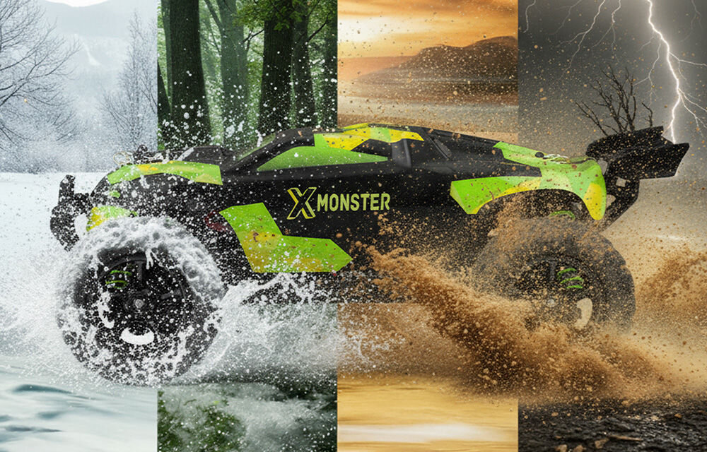 Samochód zdalnie sterowany OVERMAX X-Monster 3.0 Kompozycja pięciu zdjęć, na których czarno-zielony samochód RC typu monster truck jedzie przez śnieg, wodę, błoto, piasek i kamienistą drogę podczas burzy.