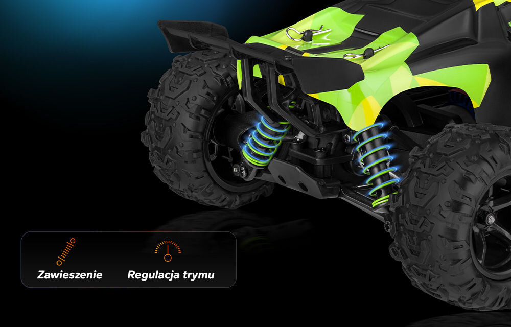 Samochód zdalnie sterowany OVERMAX X-Monster 3.0 Zbliżenie na przednie koło samochodu RC X-Monster i zielono-niebieskie amortyzatory. W dolnej części obrazu dwa paski z ikonami: sprężyny z napisem Zawieszenie i zegara z napisem Regulacja trybu.