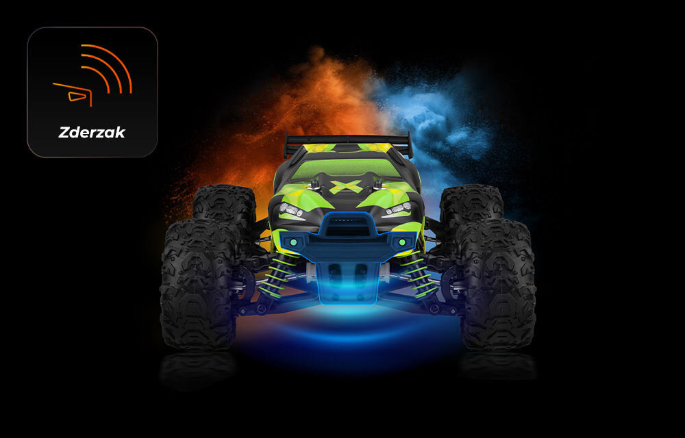 Samochód zdalnie sterowany OVERMAX X-Monster 3.0 Widok z przodu na czarno-zielony samochód RC typu monster truck, z podświetlonym na niebiesko przednim zderzakiem. W lewym górnym rogu ikona sygnału radiowego z napisem Zderzak.