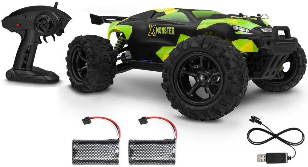 Samochód zdalnie sterowany OVERMAX X-Monster 3.0 Zestaw składający się z czarno-zielonego samochodu RC typu monster truck, czarnego kontrolera pistoletowego, dwóch czarnych baterii i czarnej ładowarki USB.