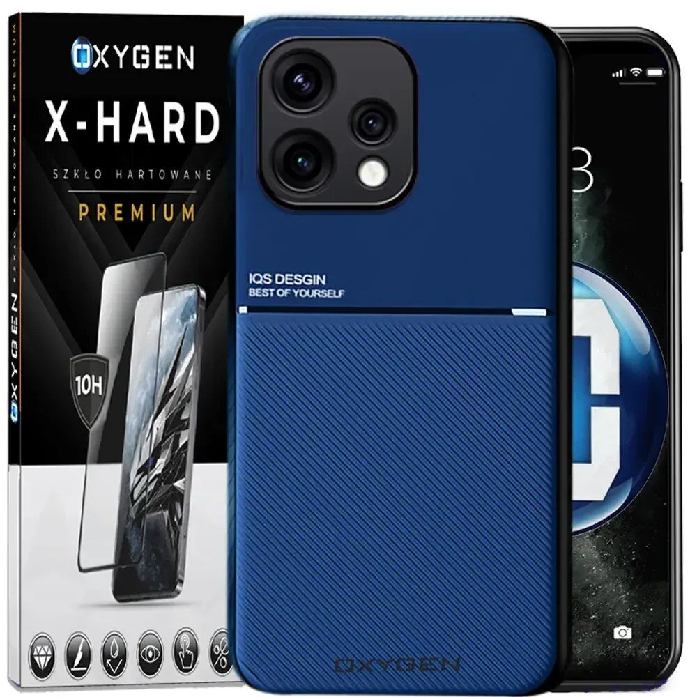Na obrazie widoczne jest niebieskie etui na telefon z napisem \'IQS DESIGN BEST OF YOURSELF\' oraz opakowanie szkła hartowanego z logo \'OXYGEN X-HARD\'.