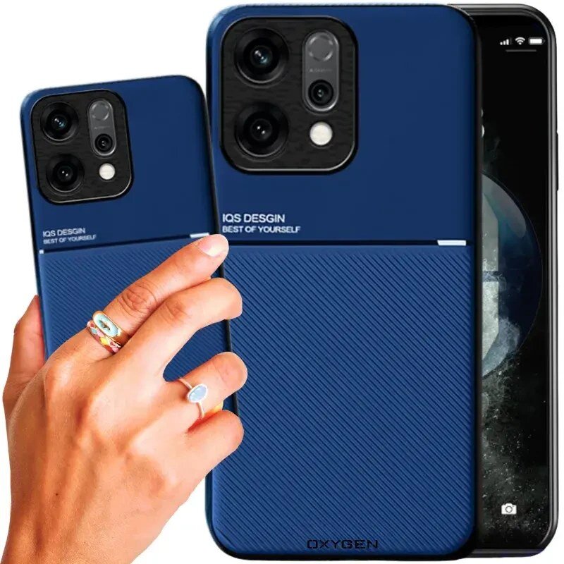 Na obrazie widoczne są dwa niebieskie etui na telefon z napisem \'IQS DESIGN BEST OF YOURSELF\' oraz \'OXYGEN\'. Jedno z etui jest trzymane w dłoni, a obok znajduje się telefon z widocznym ekranem.