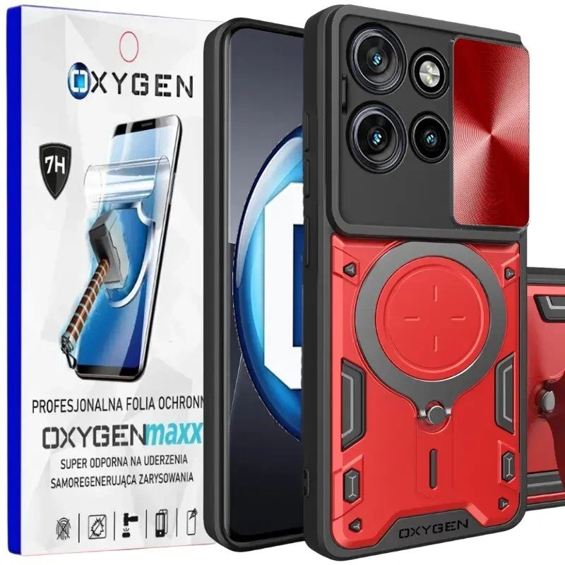 Na obrazie widoczne jest czerwone etui na telefon z trzema okrągłymi wycięciami na aparaty oraz opakowanie z napisem \'OXYGENmaxx\'. Na opakowaniu znajduje się tekst: \'PROFESJONALNA FOLIA OCHRONNA, SUPER ODPORNA NA UDERZENIA, SAMOREGENERUJĄCA ZARYSOWANIA\'.