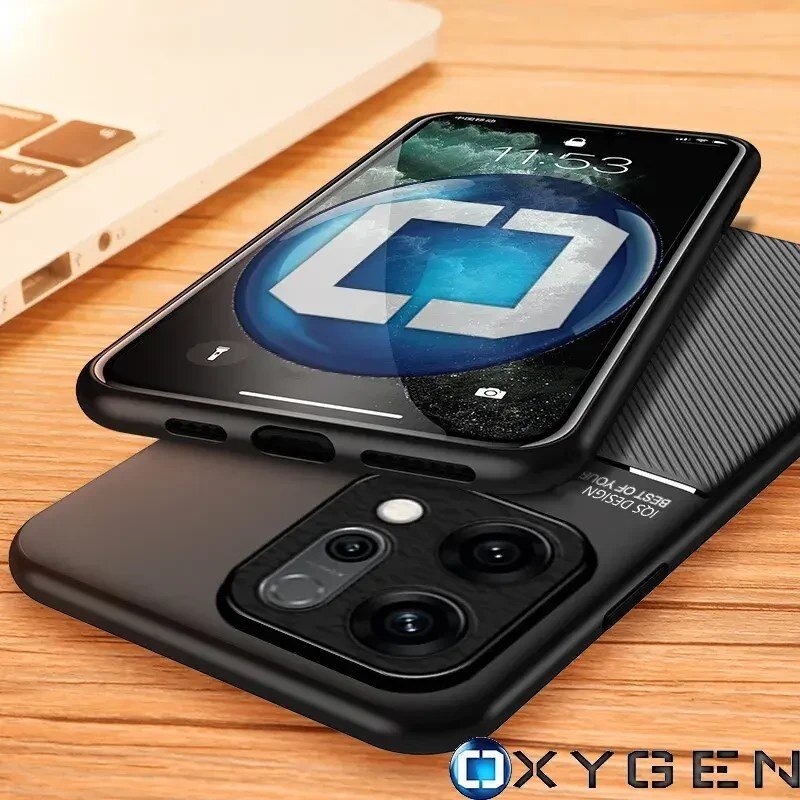 Na drewnianym blacie leży telefon w czarnym etui z widocznym logo OXYGEN na ekranie. Obok znajduje się fragment laptopa, a na etui widoczny jest napis \'OXYGEN DESIGN BEST OF YOU\'.