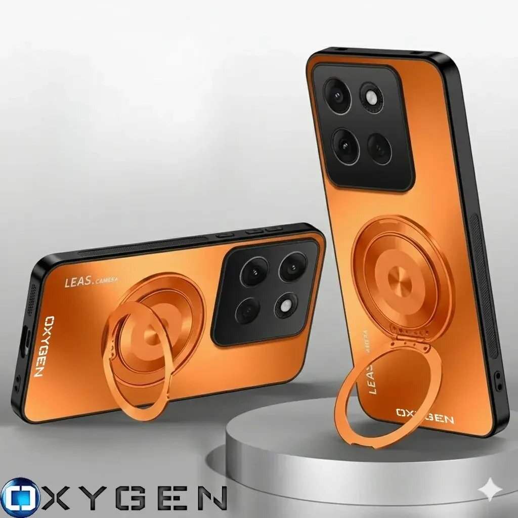 Dwa pomarańczowe etui na telefon z okrągłym uchwytem i miejscem na aparat z czterema obiektywami. Widoczne napisy: \'LEAS.CAMERA\' i \'OXYGEN\'.