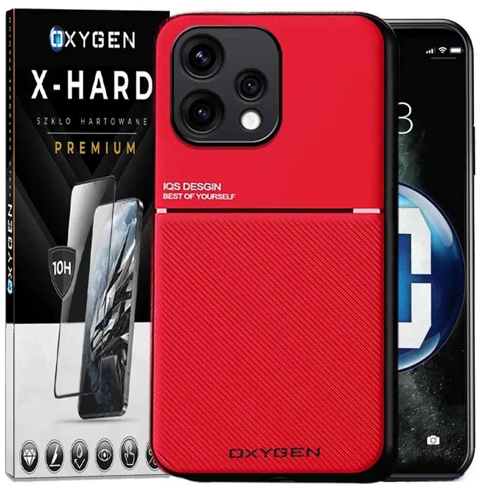 Na obrazie widoczne jest czerwone etui na telefon z napisem \'IQS DESIGN BEST OF YOURSELF\' oraz opakowanie szkła hartowanego z logo \'OXYGEN X-HARD\'.