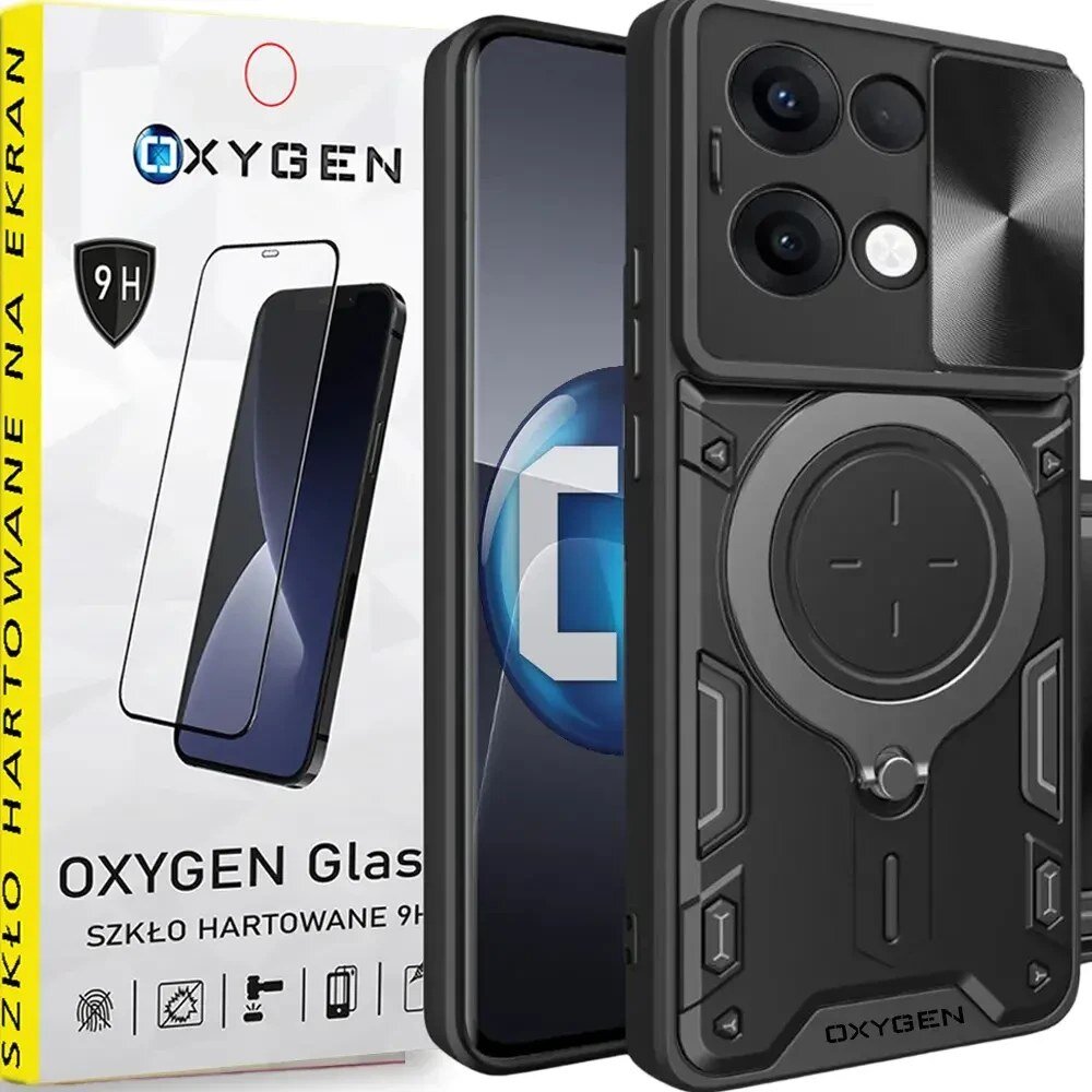 Na obrazie widoczne jest czarne etui na telefon z okrągłym wzorem oraz opakowanie szkła hartowanego z napisem \'OXYGEN Glass\' i \'SZKŁO HARTOWANE 9H\'.