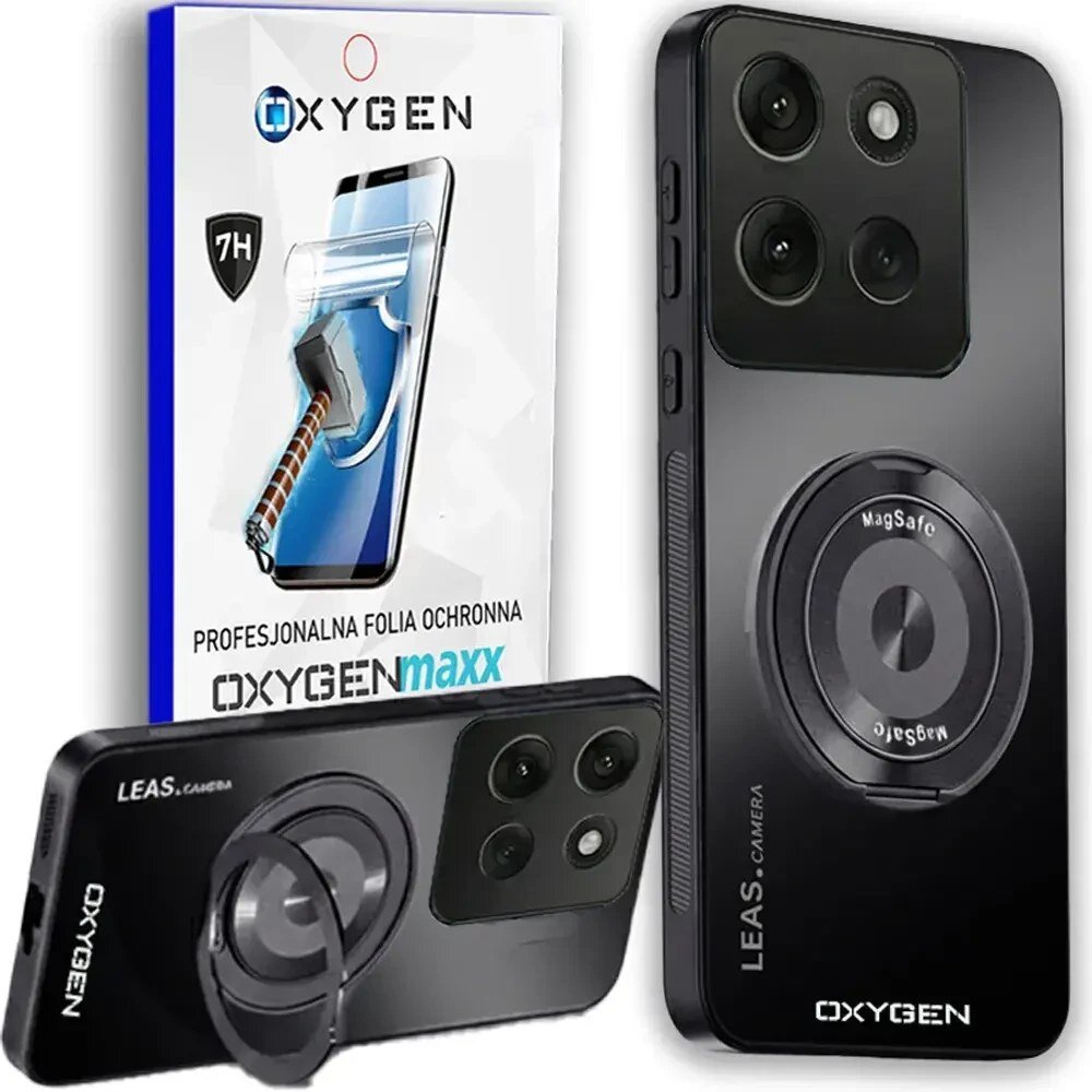 Na obrazie widoczne jest czarne etui na telefon z napisem \'OXYGEN\' oraz \'LEAS.CAMERA\', a także opakowanie z napisem \'OXYGENmaxx\' i grafiką młotka uderzającego w ekran telefonu. Etui posiada okrągły element z napisem \'MagSafe\'.