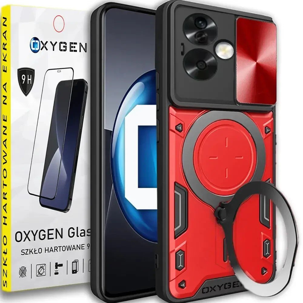 Obraz przedstawia czerwone etui na telefon z czarnymi i szarymi elementami oraz okrągłym uchwytem. Obok znajduje się opakowanie z napisem \'OXYGEN Glass\' i \'SZKŁO HARTOWANE 9H\'.