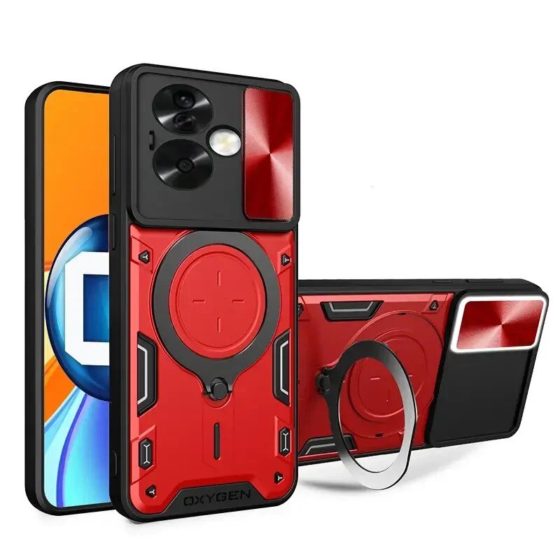 Obraz przedstawia czerwone etui na telefon z czarnymi akcentami i okrągłym uchwytem. Na etui widoczny jest napis \'OXYGEN\'.