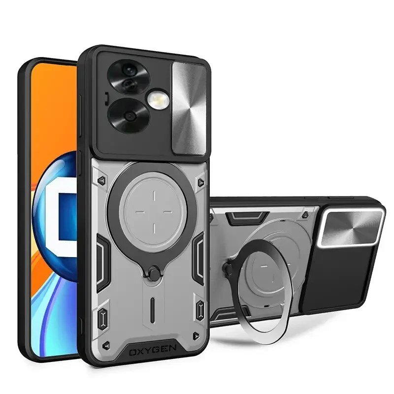 Obraz przedstawia etui na telefon z napisem \'OXYGEN\', z widocznym okrągłym elementem na środku i miejscem na aparat. W tle widać telefon z kolorowym ekranem.