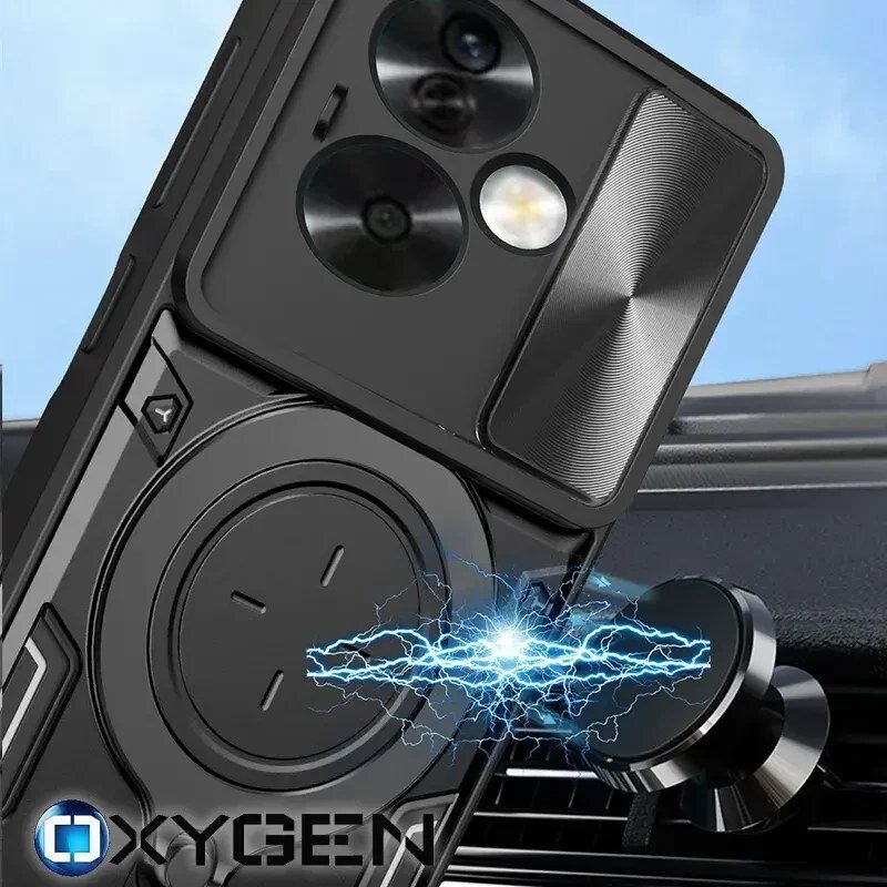Czarne etui na telefon z widocznymi wycięciami na aparat i okrągłym wzorem na tylnej części. Na dole znajduje się logo \'OXYGEN\' oraz efekt świetlny przypominający błyskawicę.