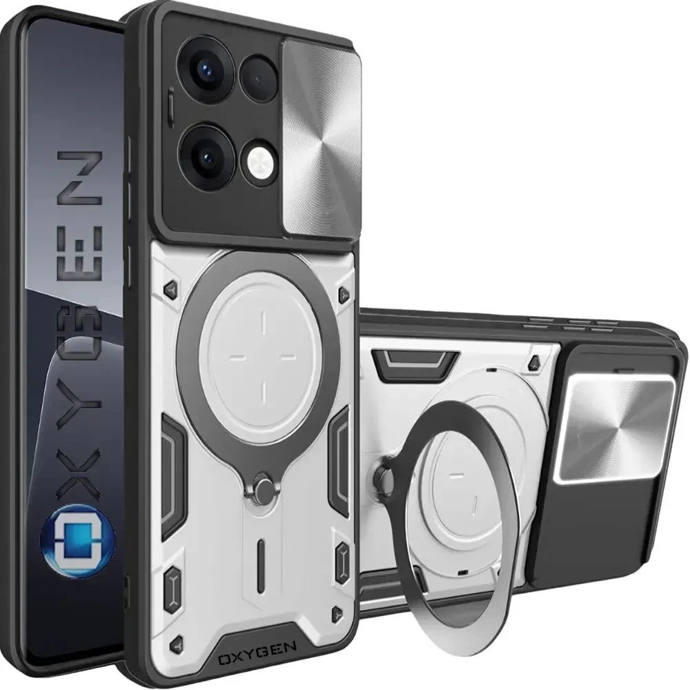 Obraz przedstawia etui na telefon z napisem \'OXYGEN\' i okrągłym uchwytem. Etui ma nowoczesny design z elementami w kolorze czarnym i srebrnym.