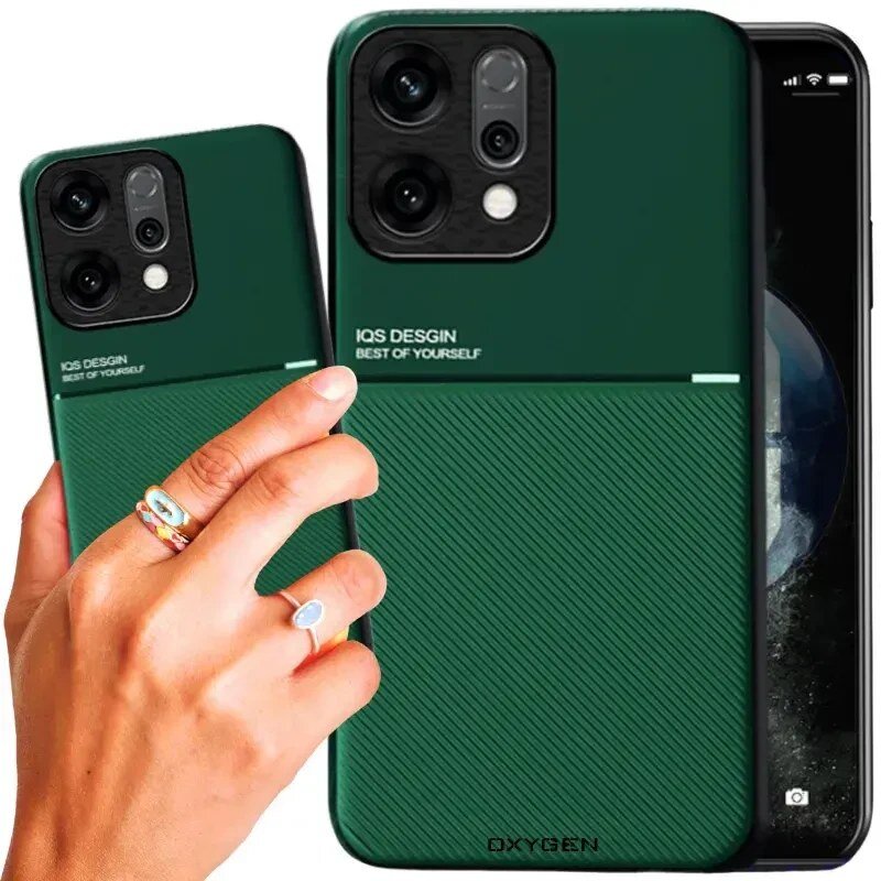 Zielone etui na telefon z napisem \'IQS DESIGN BEST OF YOURSELF\' oraz logo \'OXYGEN\' na dole. Etui jest trzymane przez dłoń z pierścionkami.