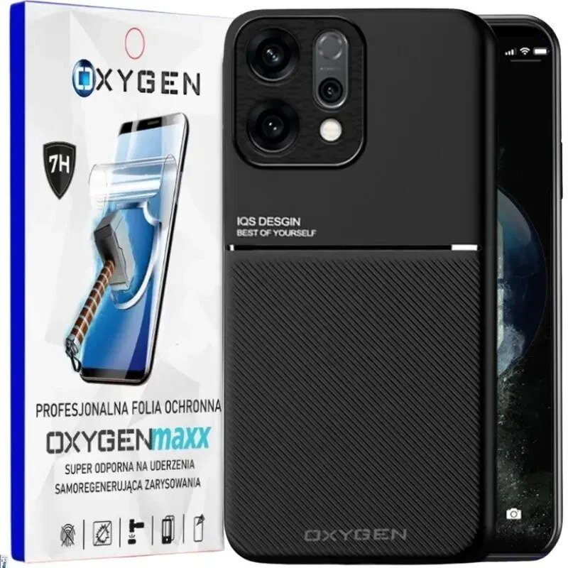 Obraz przedstawia czarne etui na telefon z napisem \'IQS DESIGN BEST OF YOURSELF\' oraz opakowanie z napisem \'OXYGENmaxx PROFESJONALNA FOLIA OCHRONNA SUPER ODPORNA NA UDERZENIA SAMOREGENERUJĄCA ZARYSOWANIA\'.