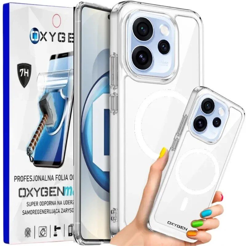 Obraz przedstawia przezroczyste etui na telefon z widocznym logo OXYGEN oraz opakowanie z napisem \'PROFESJONALNA FOLIA OCHRONNA OXYGENmax\'. Etui jest trzymane w dłoni, a w tle widoczny jest telefon z trzema obiektywami aparatu.