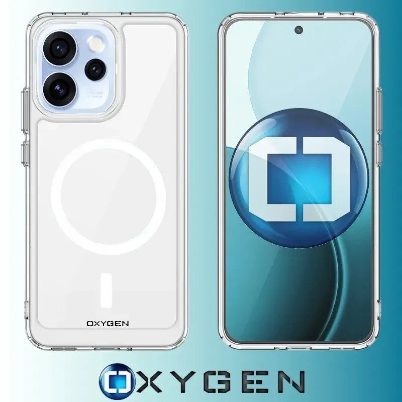 Obraz przedstawia przezroczyste etui na telefon z widocznym okręgiem MagSafe oraz napis \'OXYGEN\' na dole. Obok znajduje się telefon z wyświetlaczem i logo OXYGEN na ekranie.