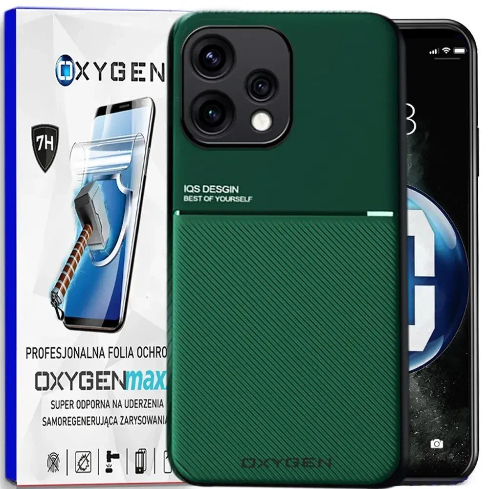 Na obrazie widoczne jest zielone etui na telefon z trzema otworami na aparaty oraz opakowanie z napisem \'OXYGENmax\'. Na opakowaniu znajduje się grafika młotka uderzającego w ekran telefonu oraz tekst \'PROFESJONALNA FOLIA OCHRONNA\', \'SUPER ODPORNA NA UDERZENIA\', \'SAMOREGENERUJĄCA ZARYSOWANIA\'.