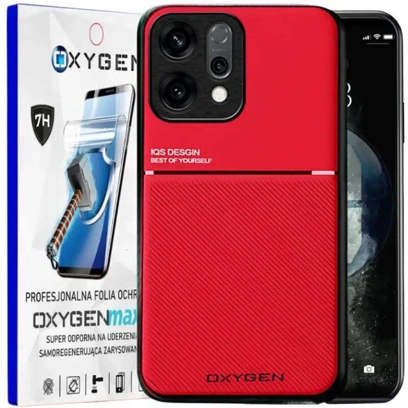 Na obrazie widoczne jest czerwone etui na telefon z napisem \'IQS DESIGN BEST OF YOURSELF\' oraz opakowanie z napisem \'OXYGENmax PROFESJONALNA FOLIA OCHRONNA\'.