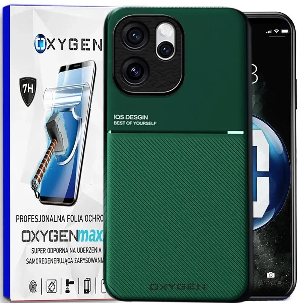 Na obrazie widoczne jest zielone etui na telefon z napisem \'IQS DESIGN BEST OF YOURSELF\'. Obok znajduje się opakowanie z tekstem \'PROFESJONALNA FOLIA OCHRONNA OXYGENmax SUPER ODPORNA NA UDERZENIA SAMOREGENERUJĄCA ZARYSOWANIA\'.