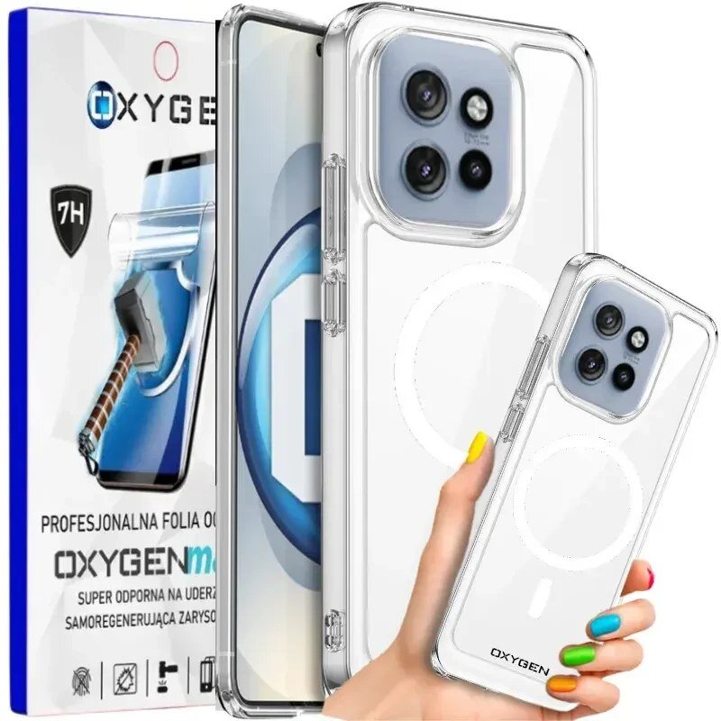 Obraz przedstawia przezroczyste etui na telefon z widocznym logo OXYGEN oraz opakowanie z napisem \'PROFESJONALNA FOLIA OCHRONNA OXYGENmax\'. Etui jest trzymane w dłoni z kolorowymi paznokciami.