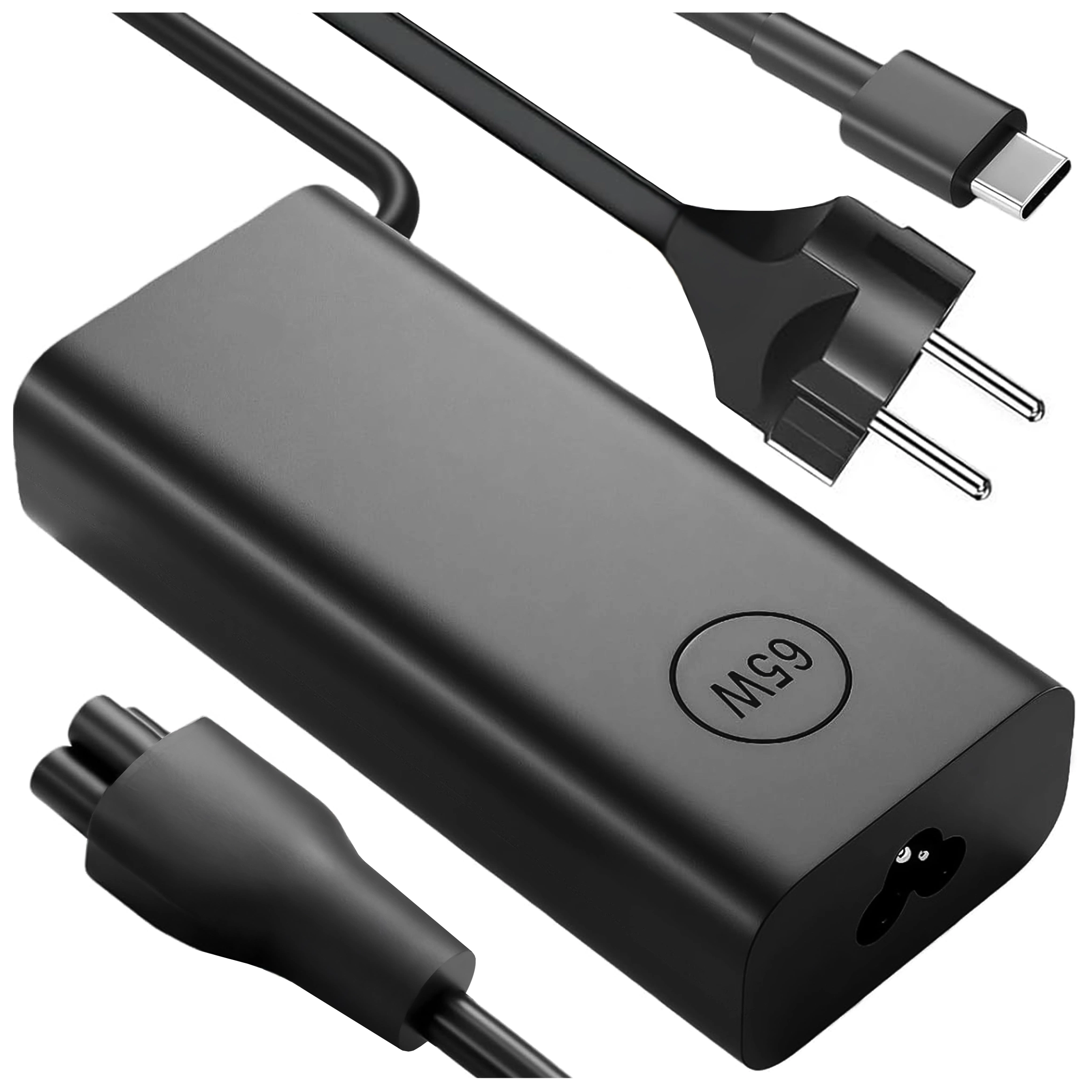 Czarna ładowarka z oznaczeniem \'65W\' oraz wtyczki: USB-C i zasilająca z dwoma bolcami.
