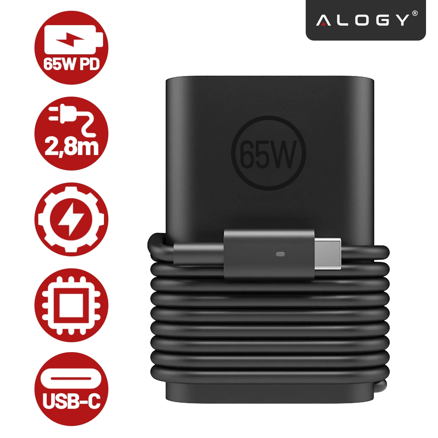 Czarna ładowarka USB-C z logo \'ALOGY\' i oznaczeniem \'65W\' na obudowie, z nawiniętym kablem. Obok znajdują się czerwone ikony z napisami: \'65W PD\', \'2,8m\', oraz \'USB-C\'.