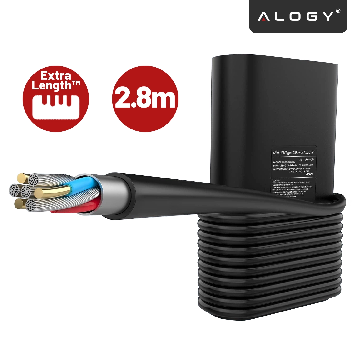 Obraz przedstawia czarną ładowarkę USB-C z kablem o długości 2.8m, z widocznym przekrojem kabla ukazującym kolorowe przewody. Na ładowarce znajduje się etykieta z napisem \'65W USB Type-C Power Adapter\', a w rogu widoczne jest logo \'ALOGY\'.