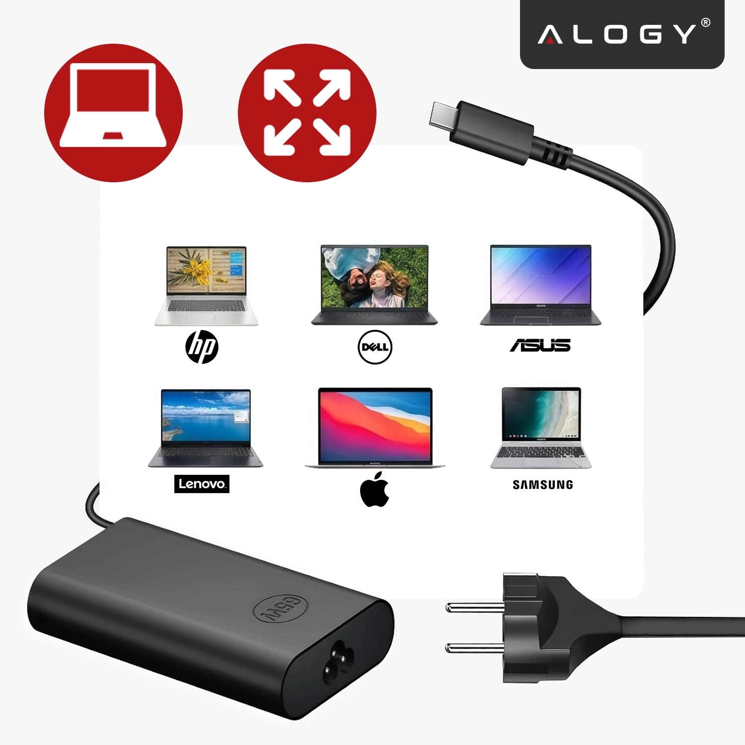 Obraz przedstawia czarną ładowarkę USB-C z wtyczką sieciową oraz kabel. W tle widoczne są logotypy marek: HP, Dell, Asus, Lenovo, Apple i Samsung, a także logo \'Alogy\'.