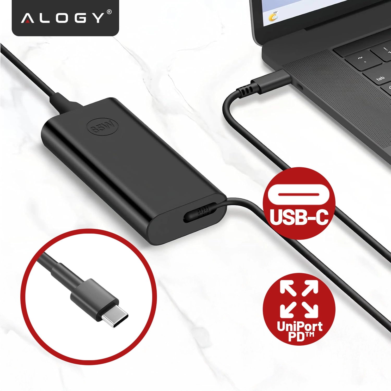 Czarny zasilacz USB-C z logo \'ALOGY\' i oznaczeniem \'65W\', podłączony do laptopa. Obok widoczne są symbole \'USB-C\' i \'UniPort PD™\'.