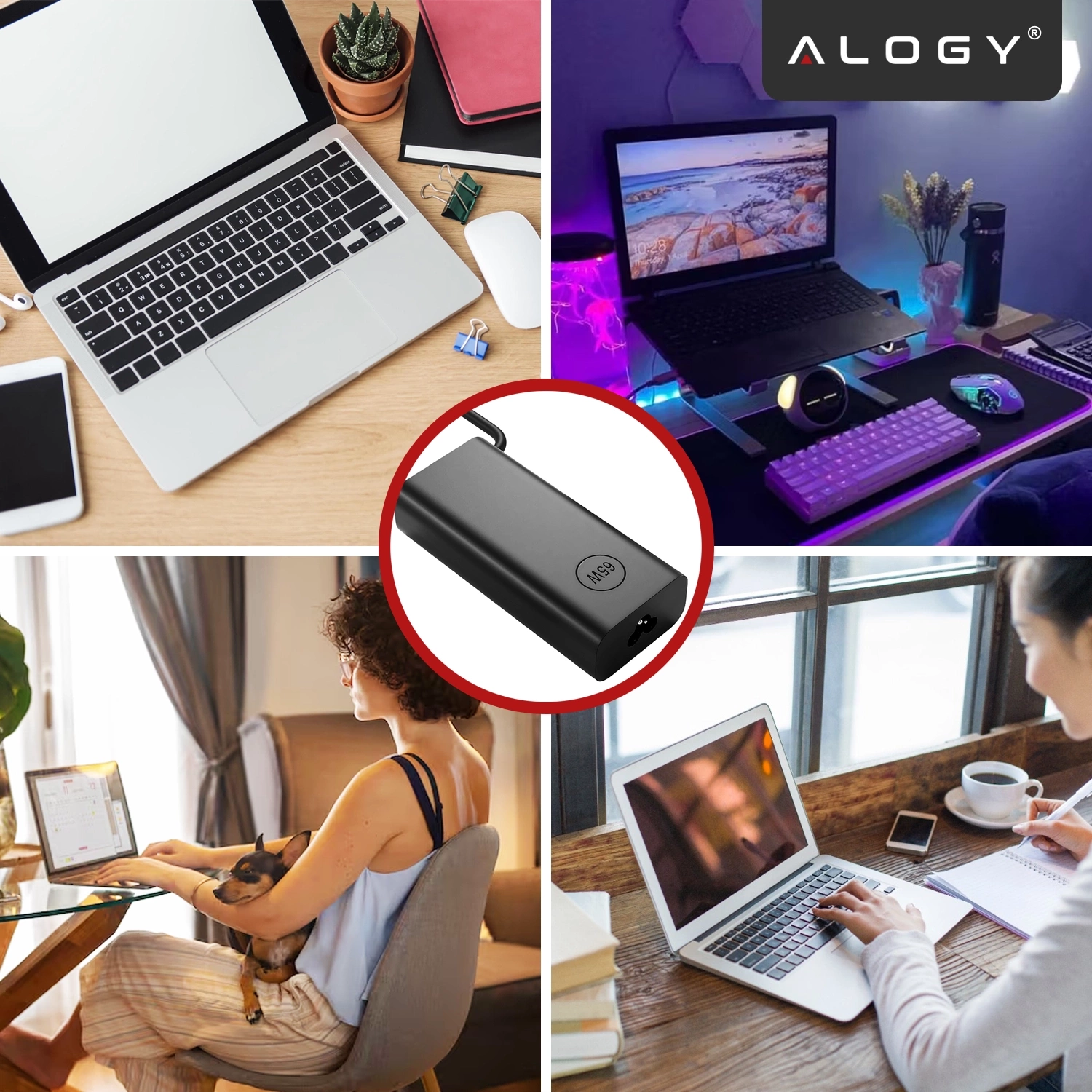 Kolaż przedstawia różne sceny z laptopami oraz zbliżenie na czarną ładowarkę z napisem \'Alogy\'. W prawym górnym rogu widoczne jest logo \'ALOGY\'.