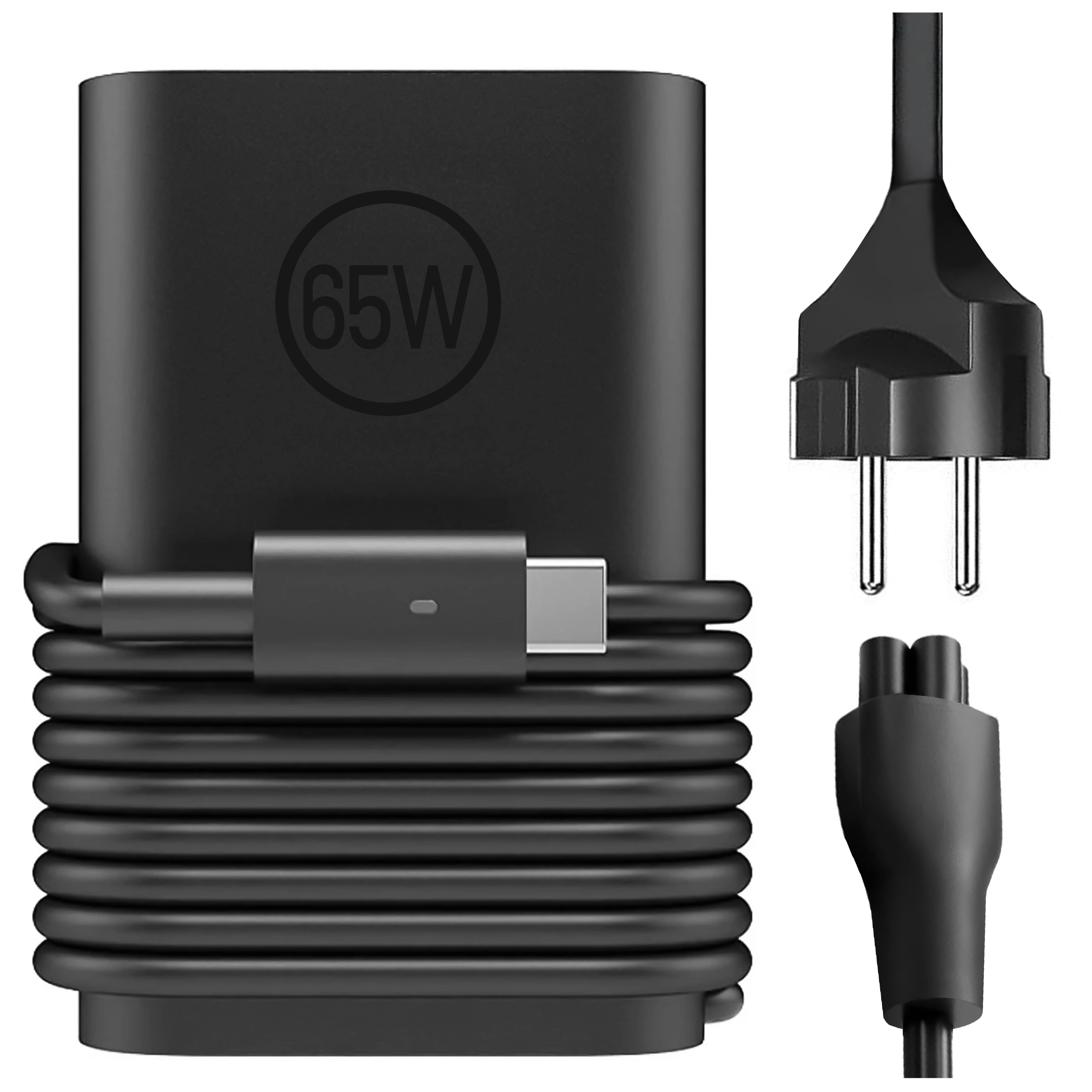 Czarna ładowarka USB-C z oznaczeniem 65W, z kablem owiniętym wokół obudowy. Obok widoczne są dwa rodzaje wtyczek zasilających.