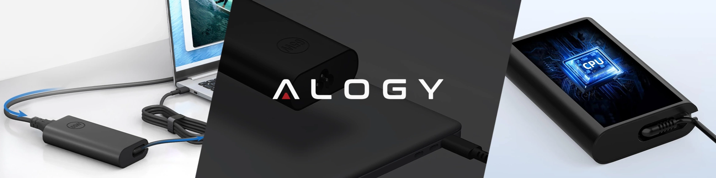 Obraz przedstawia trzy ujęcia ładowarki zasilacza USB-C. Na środku widoczne jest logo \'ALOGY\'.