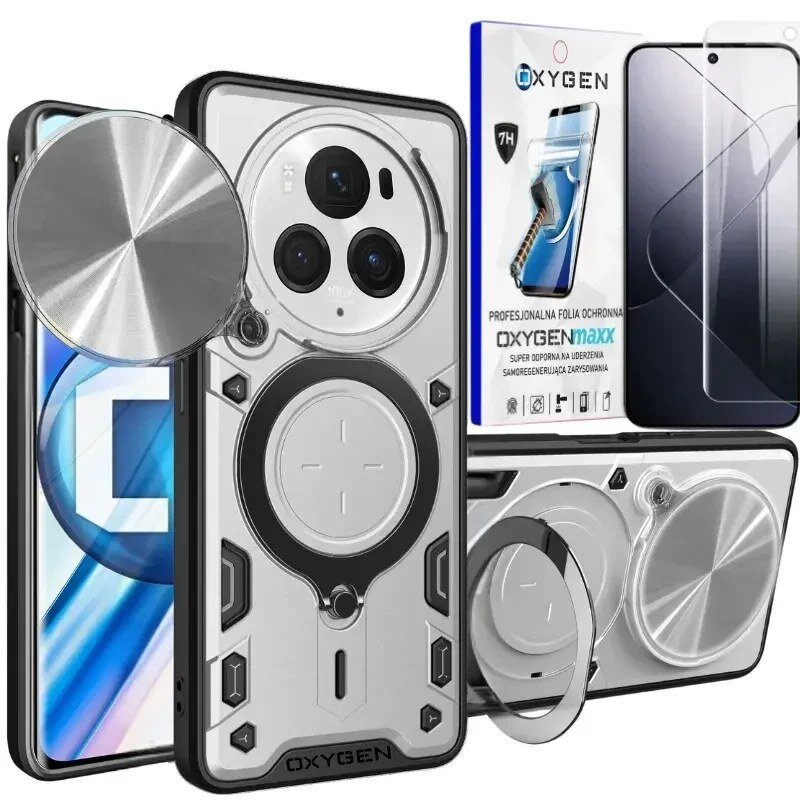 Obraz przedstawia etui na telefon z metalicznymi elementami oraz opakowanie folii ochronnej z napisem \'OXYGEN maxx\'. W tle widoczny jest telefon z nałożoną folią ochronną.