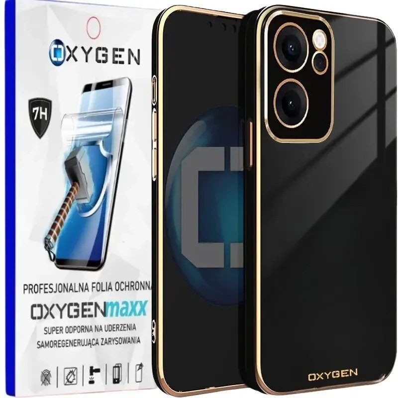 Na obrazie widoczne jest czarne etui na telefon z złotymi akcentami oraz opakowanie z napisem \'OXYGENmaxx\'. Na opakowaniu znajduje się grafika młotka uderzającego w ekran telefonu oraz tekst \'PROFESJONALNA FOLIA OCHRONNA SUPER ODPORNA NA UDERZENIA SAMOREGENERUJĄCA ZARYSOWANIA\'.