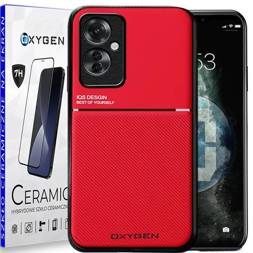 Na obrazie widoczne jest czerwone etui na telefon z napisem \'IQS DESIGN BEST OF YOURSELF\' oraz \'OXYGEN\'. W tle znajduje się opakowanie z napisem \'CERAMIC\' i logo \'OXYGEN\'.